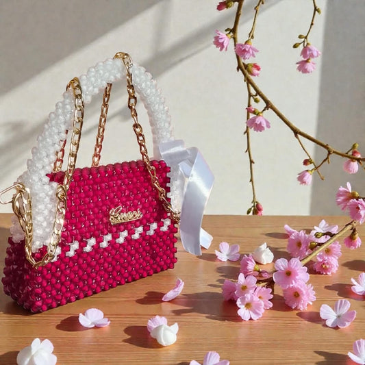 Luxury Handmade Beaded Pearl Bag – Red & White